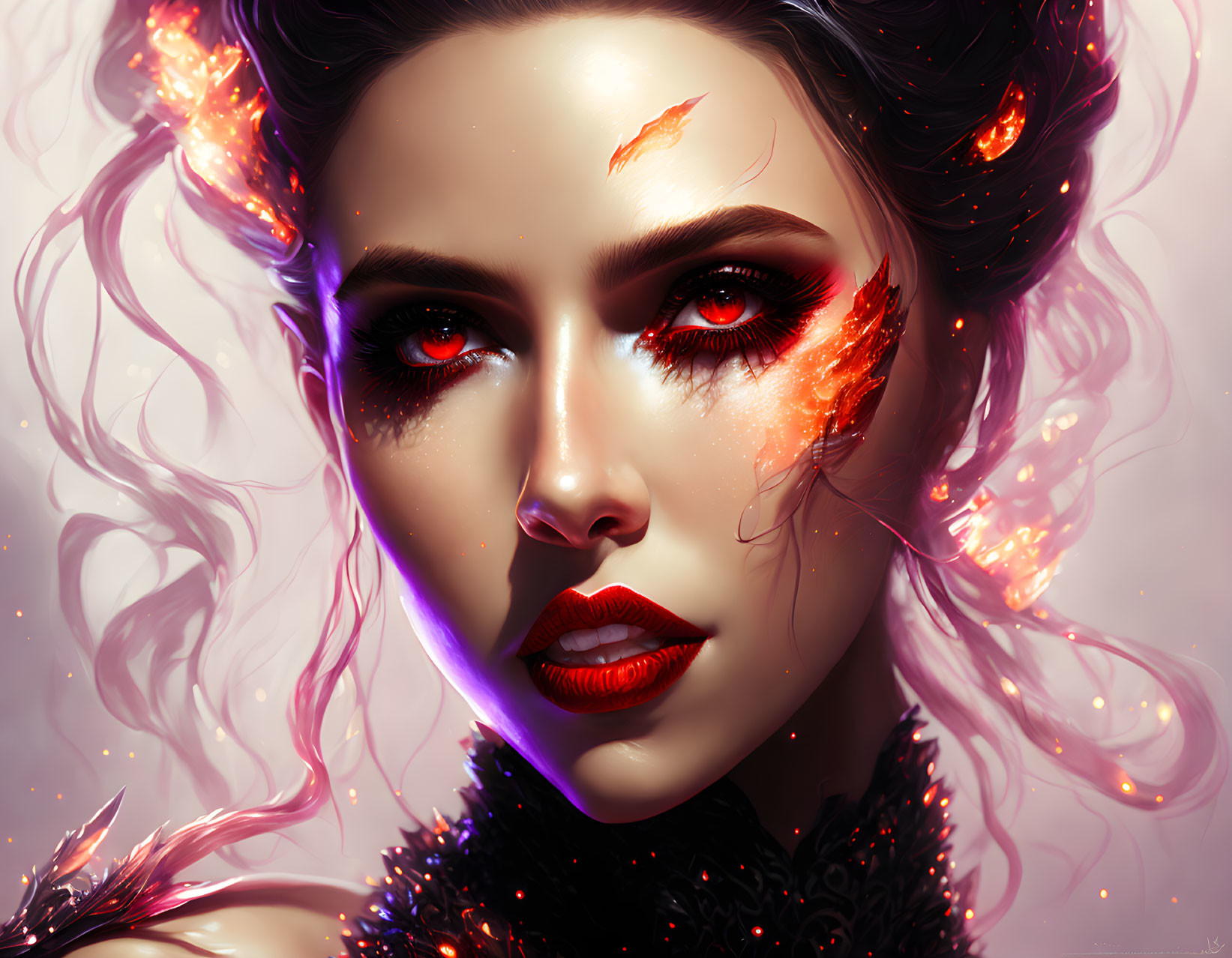 Digital portrait of a woman with fiery red eyes and lava-like energy.