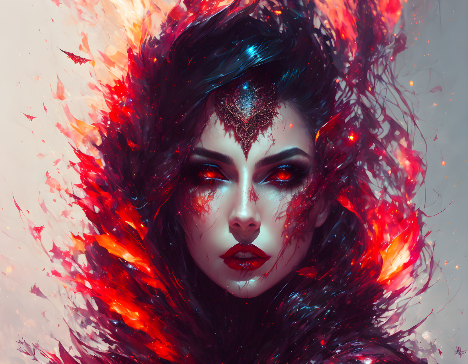 Digital artwork: Woman with red eyes in fiery feather surround