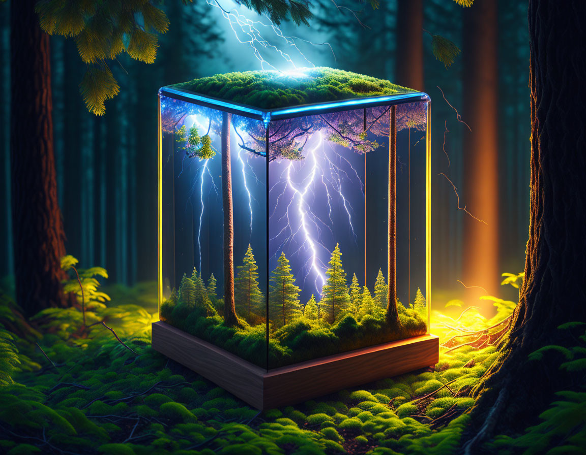 Miniature Forest Terrarium with Lightning in Glass Cube