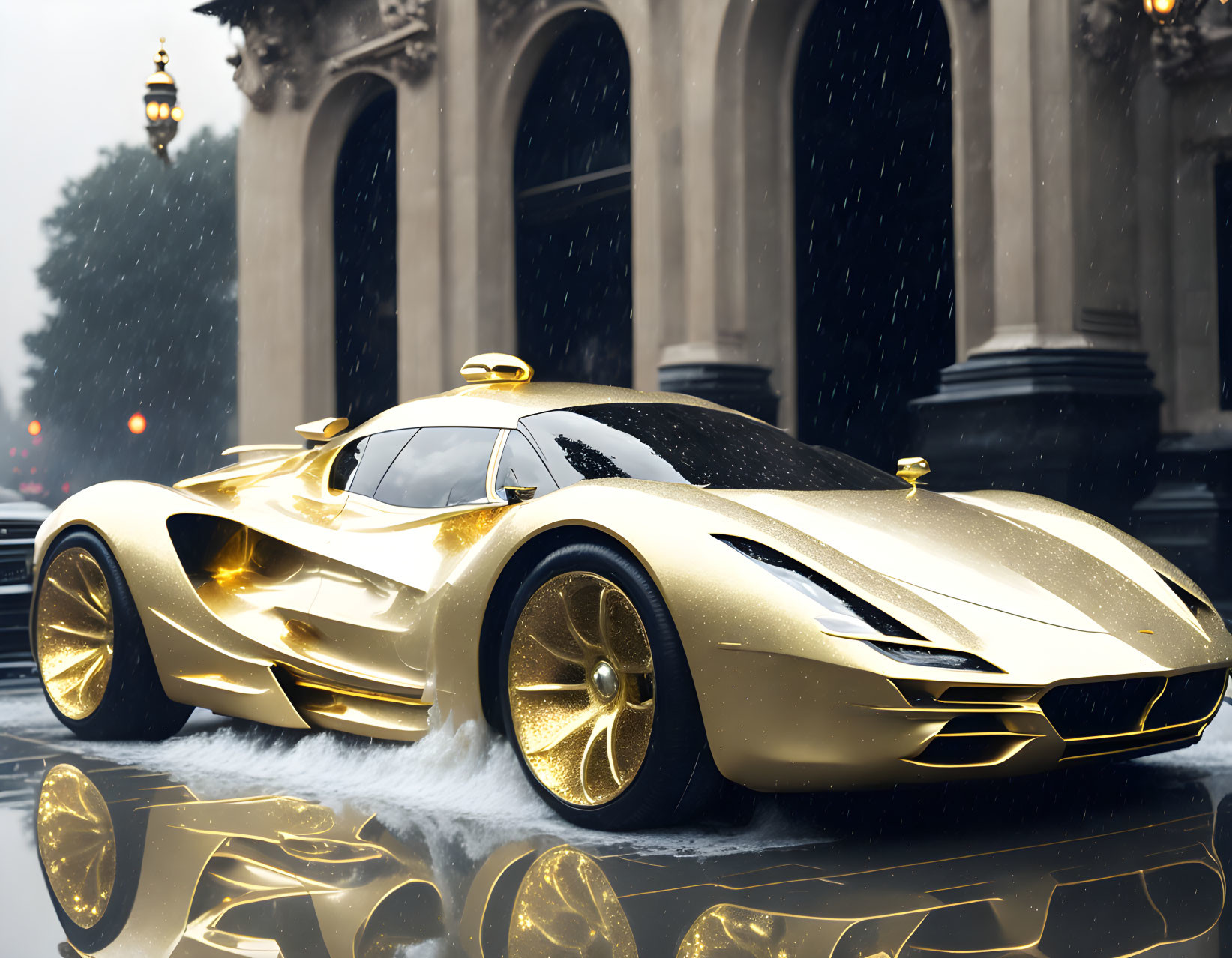 Luxurious Gold Sports Car Parked on Wet Street in Rainy Ambiance