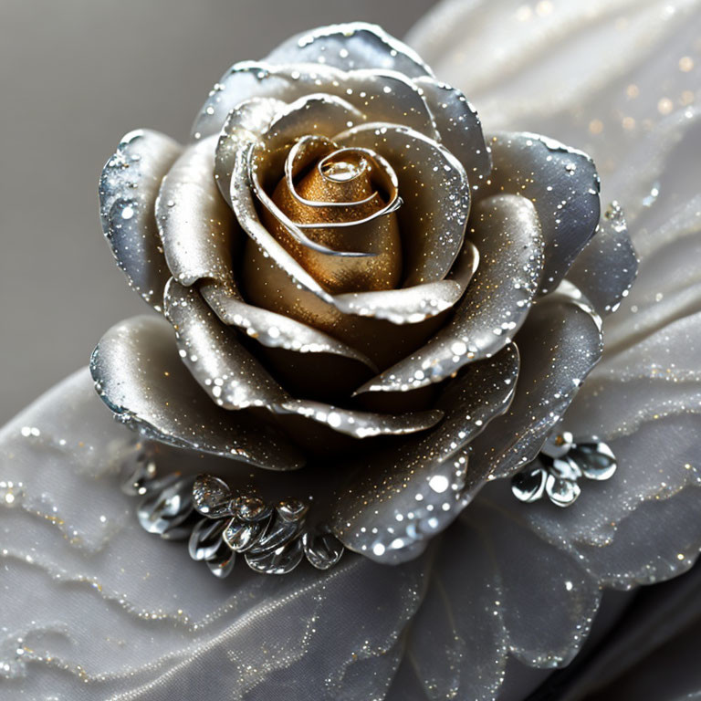 Silver and Gold Metallic Rose with Water Droplets on Petals