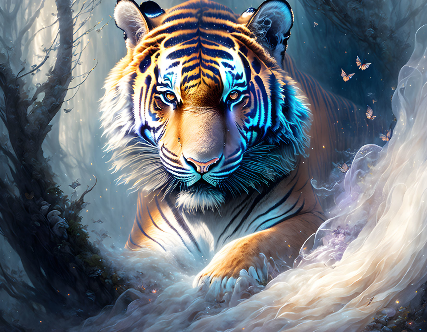 Majestic tiger in mystical forest with butterflies and blue light