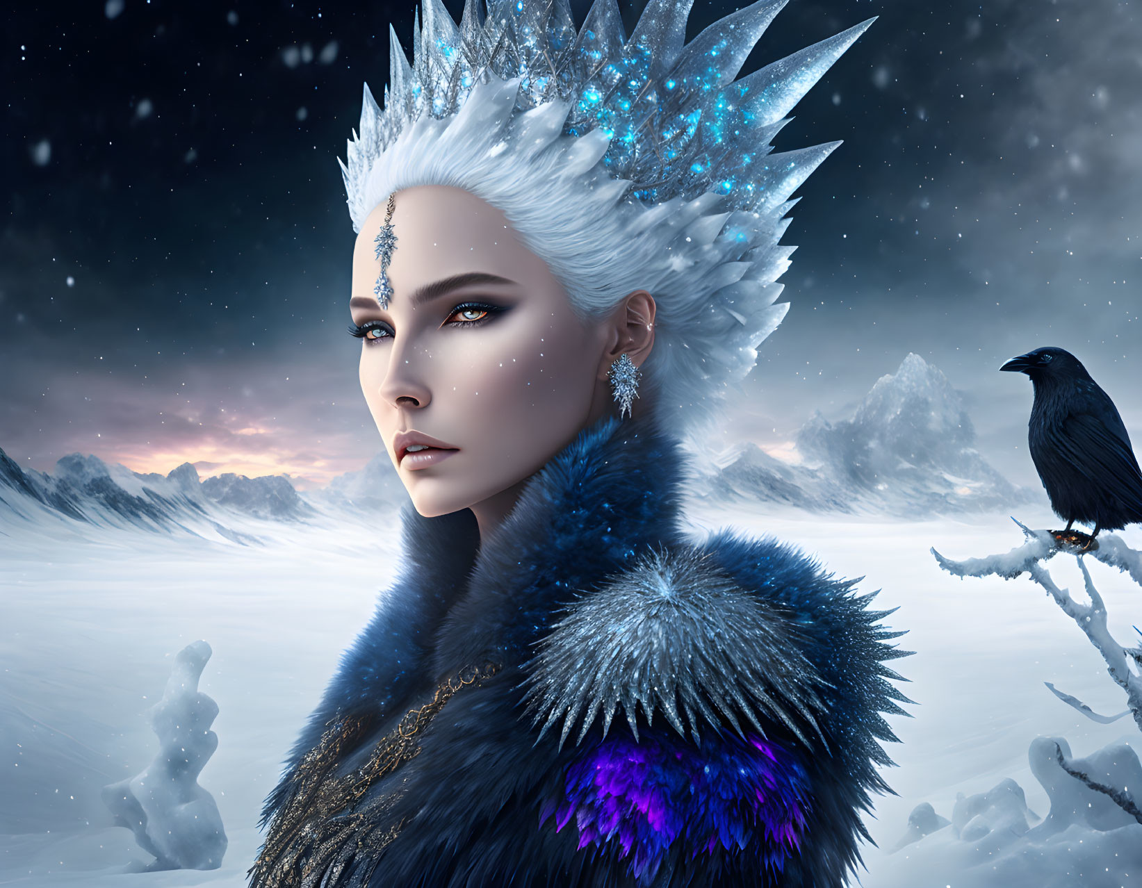 Fantasy artwork: Woman with crystal crown in snowy landscape with raven.