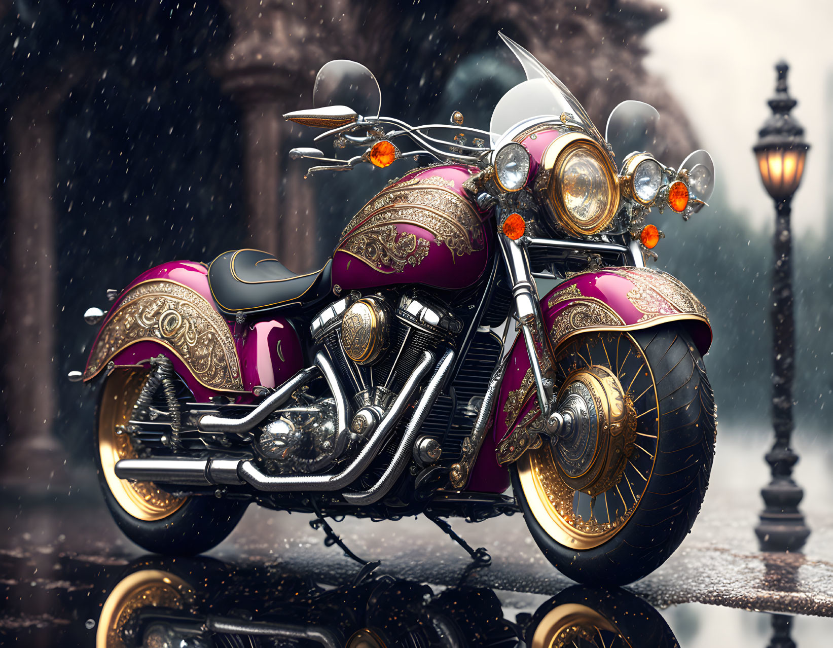 Purple and Gold Motorcycle on Wet Street with Snowflakes and Vintage Street Lamp