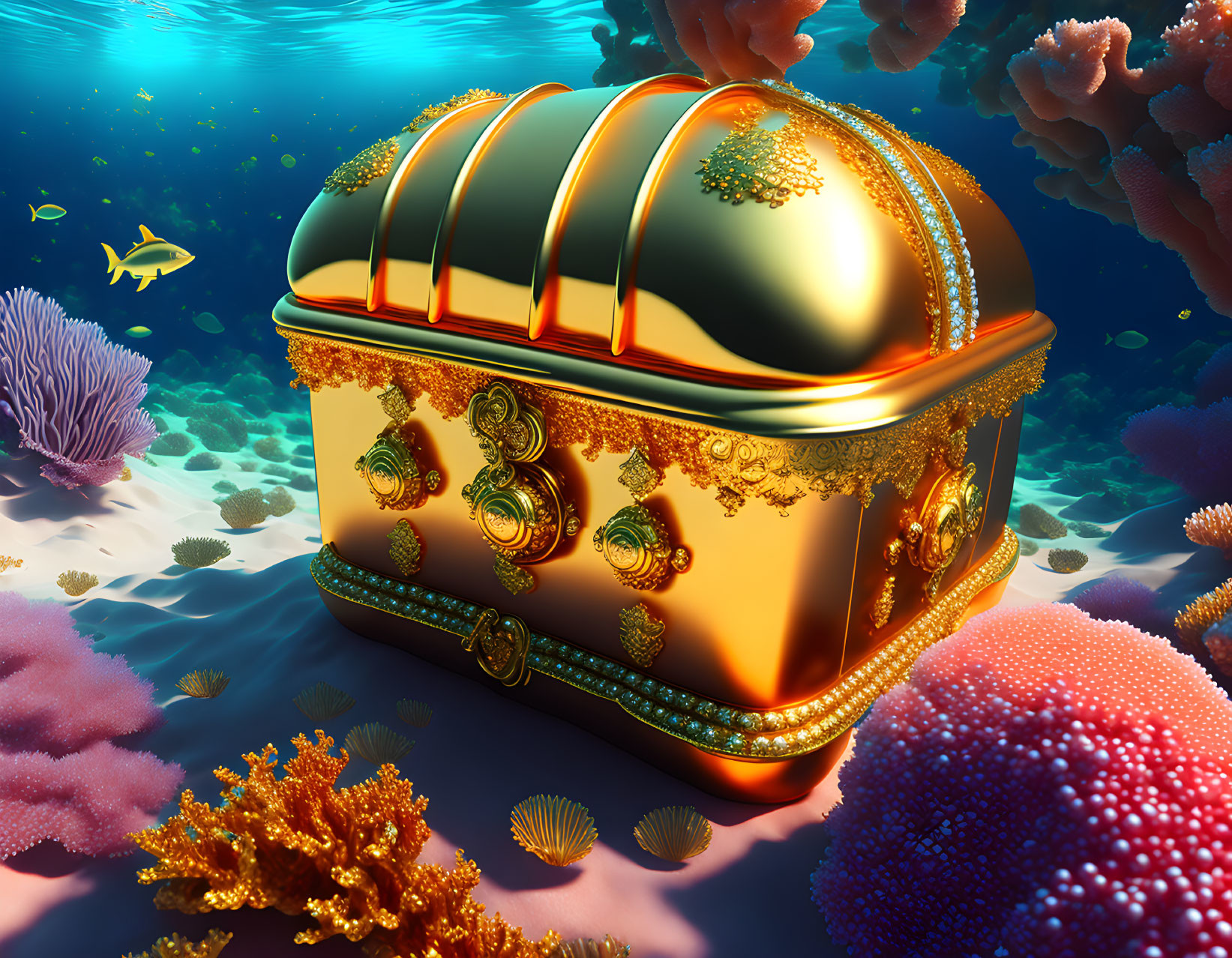 Golden treasure chest surrounded by colorful coral reefs and fish underwater