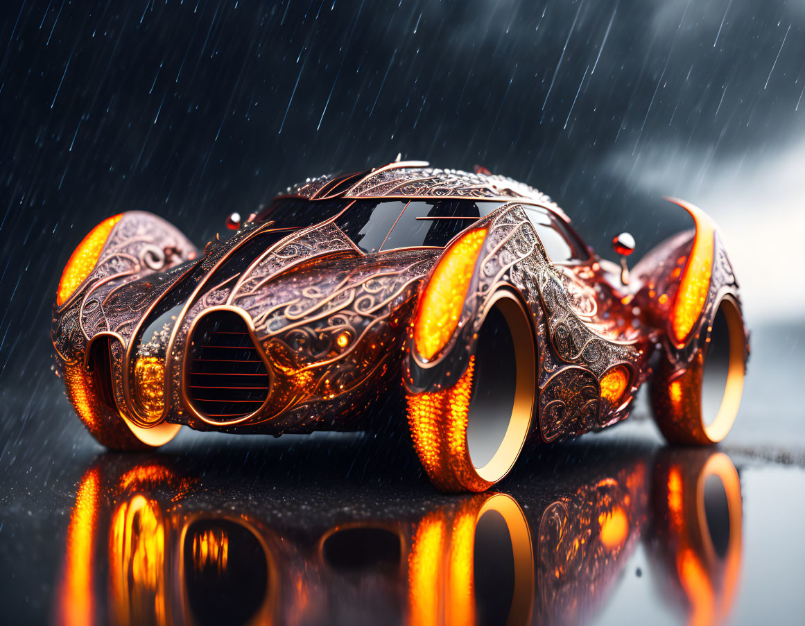 Futuristic car with intricate metal designs and glowing orange wheels in rainy ambiance.