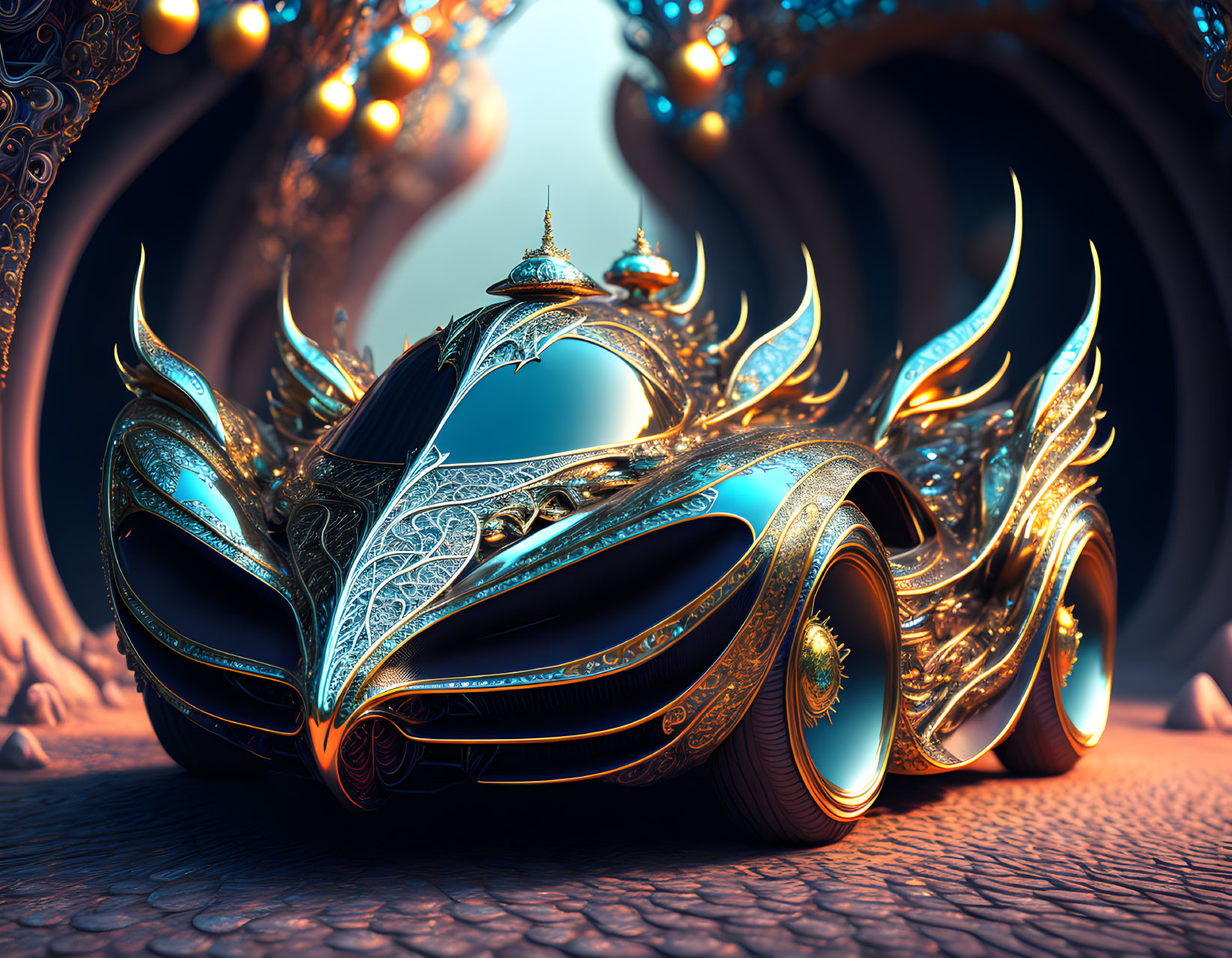 Futuristic fantasy car with golden filigree, sleek curves, and glossy black surfaces in tunnel