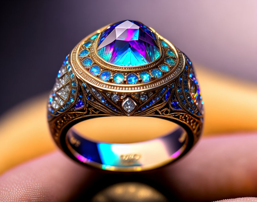 Gold Ring with Large Blue Gemstone and Intricate Patterns