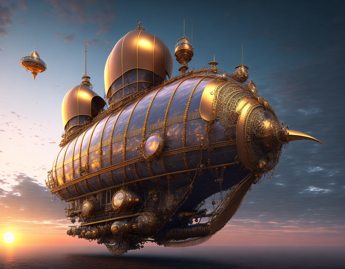 Steampunk-style airship with golden domes in sunset sky.