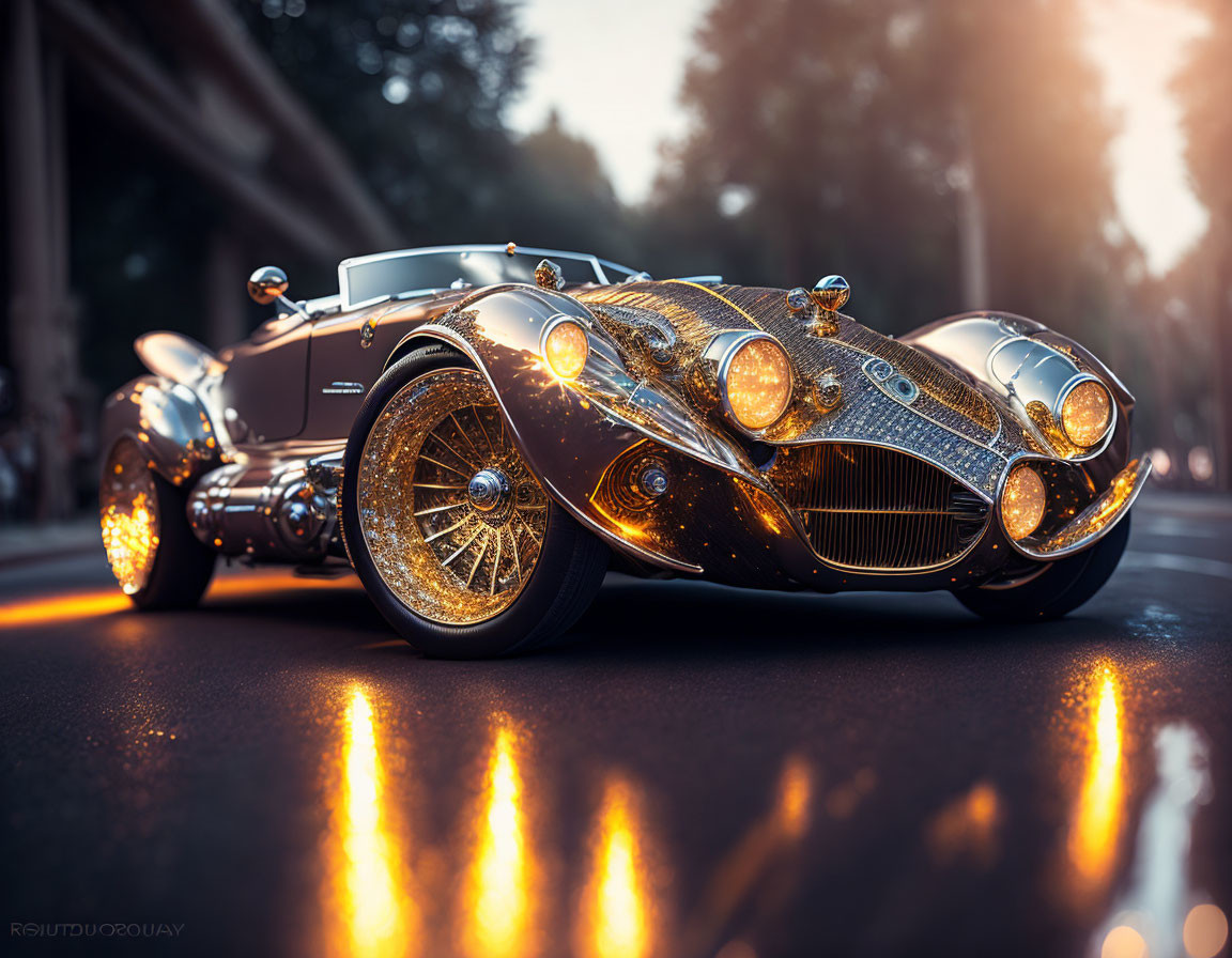 Vintage Car with Chrome Details Parked on Wet Street at Dusk