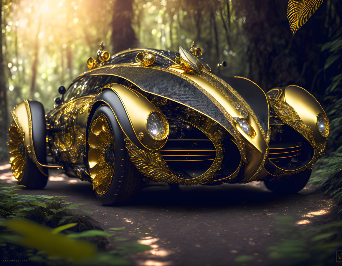 Luxurious Black Car with Gold Trim in Sunlit Forest