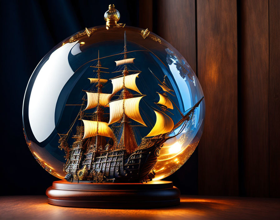 Detailed ship in a bottle with golden sails on wooden base against dark backdrop