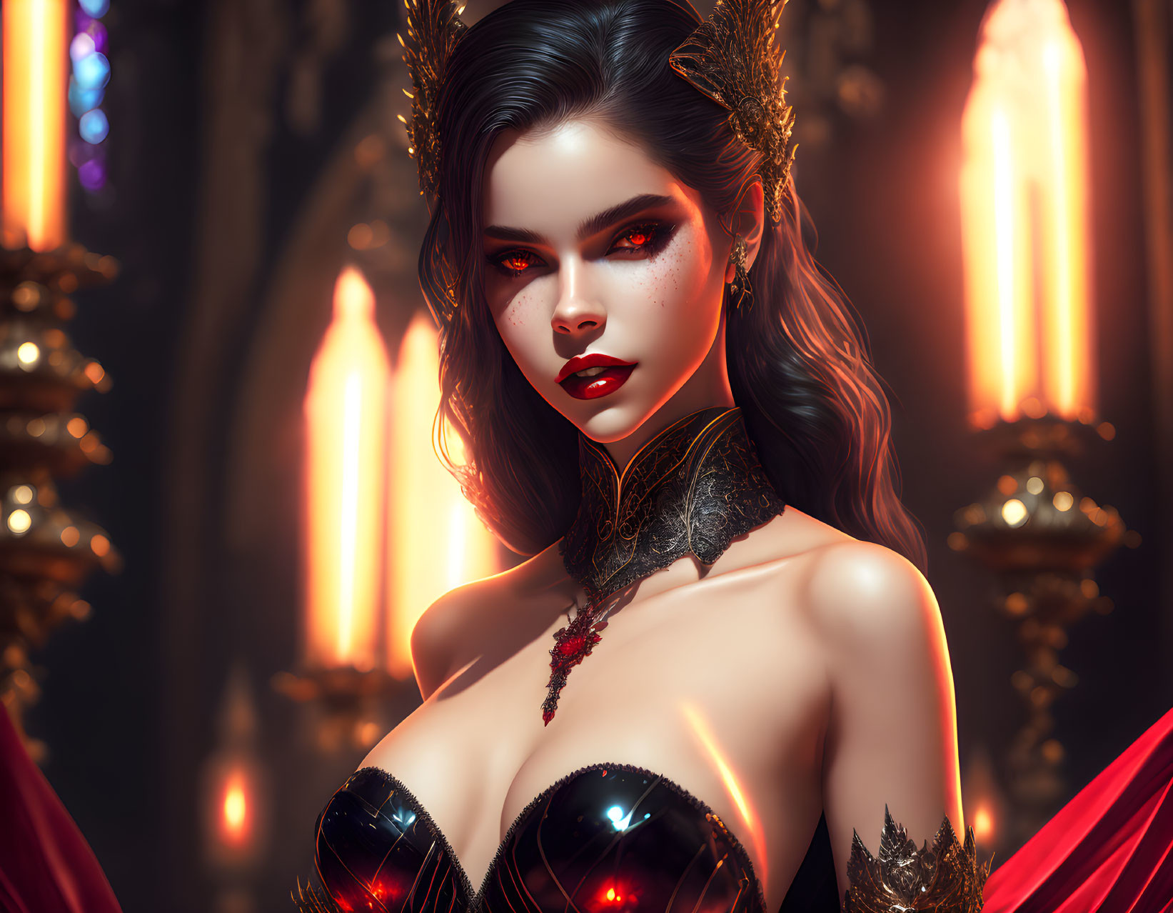 Dark-haired woman with red lipstick and gold jewelry in digital art portrait