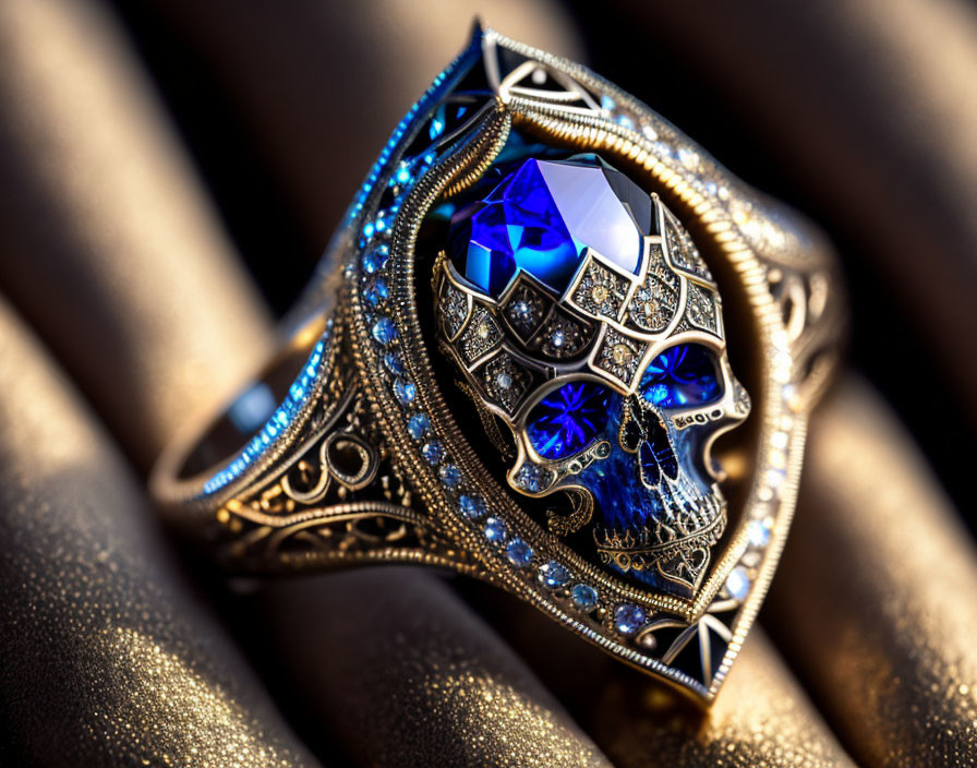 Skull-shaped ring with blue gemstones and gold detailing on textured fabric