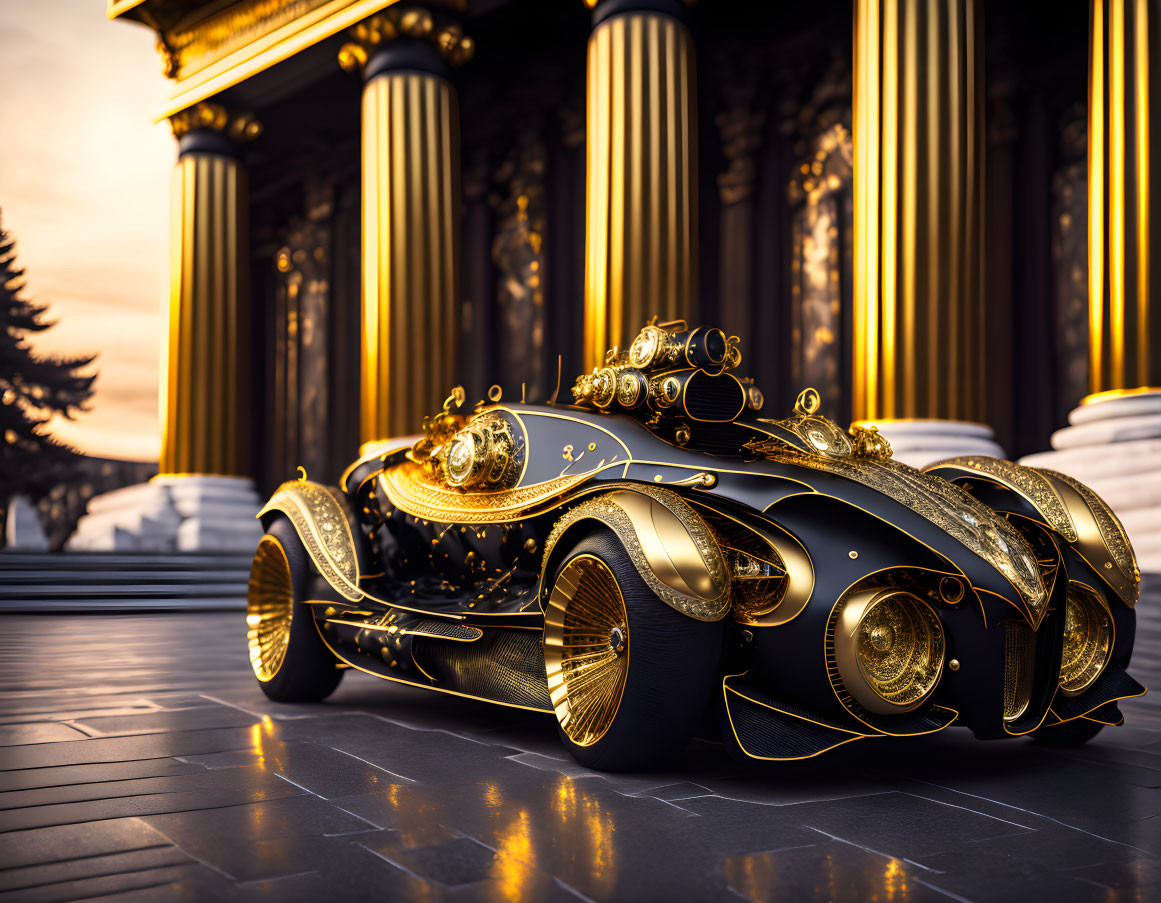 Luxurious Black and Gold Vintage Car Near Classical Columns at Dusk