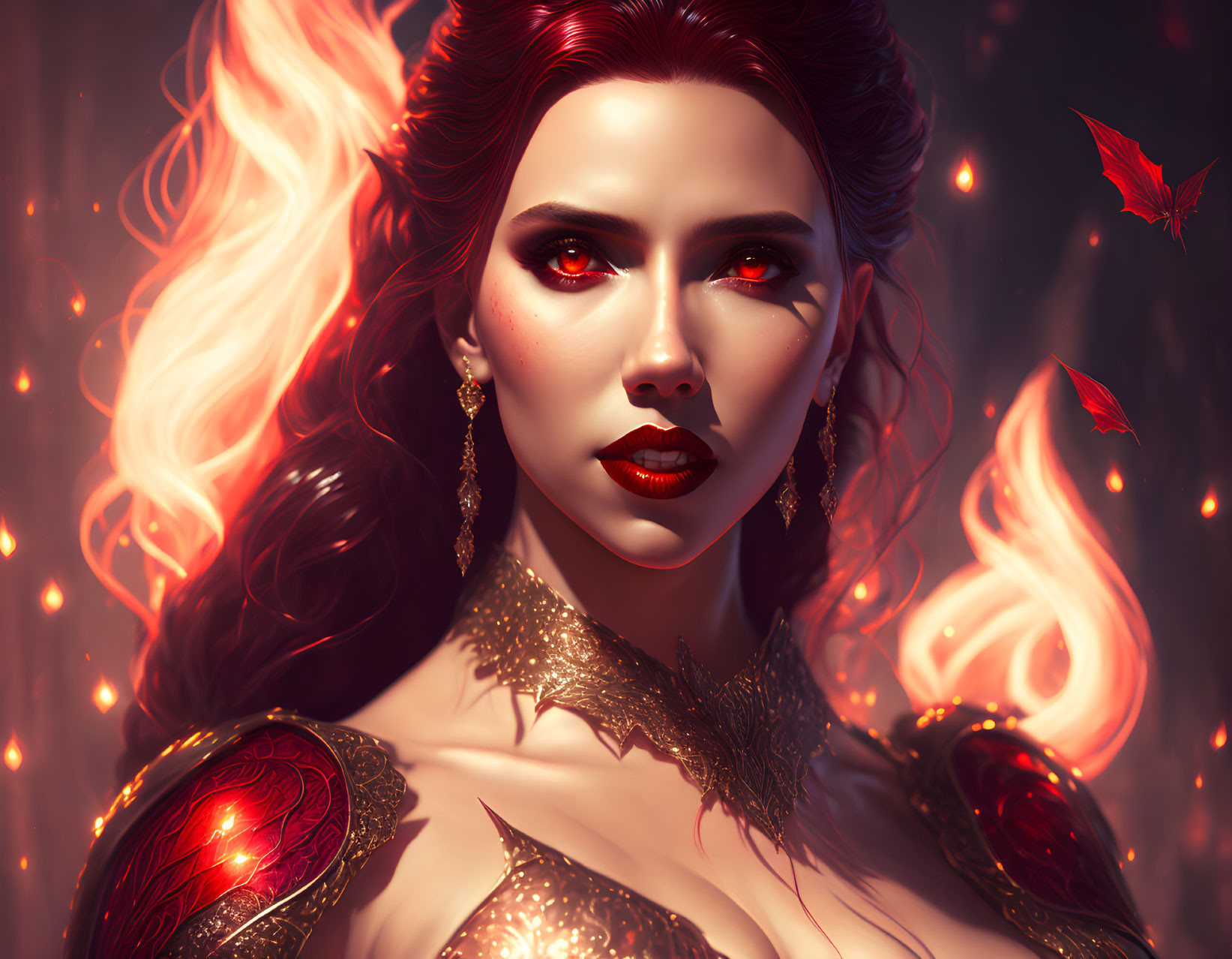 Fiery red-haired woman in golden armor surrounded by red leaves and embers