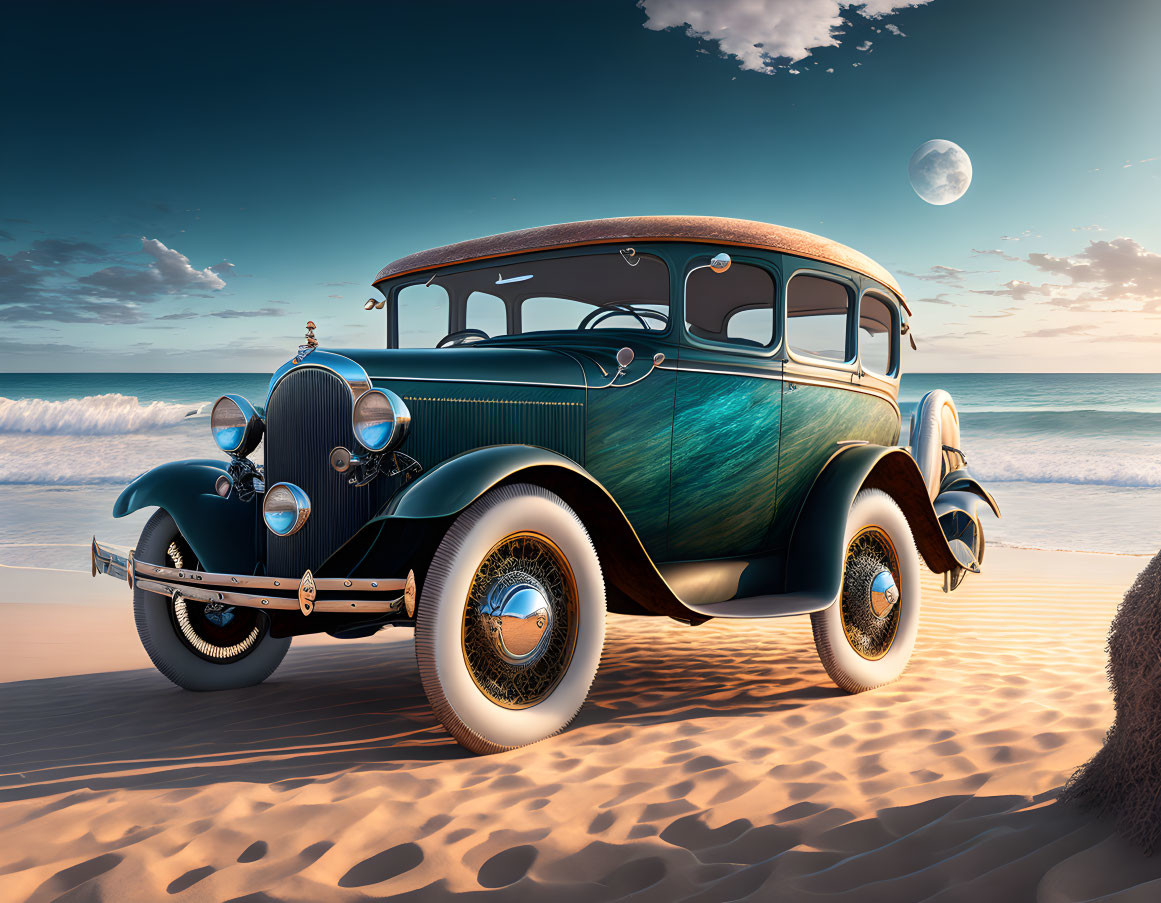 Classic Car on Sandy Beach at Sunset with Full Moon