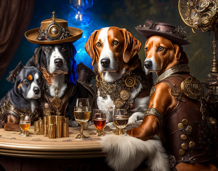 Three dogs in steampunk attire at table with wine glasses & gold coins