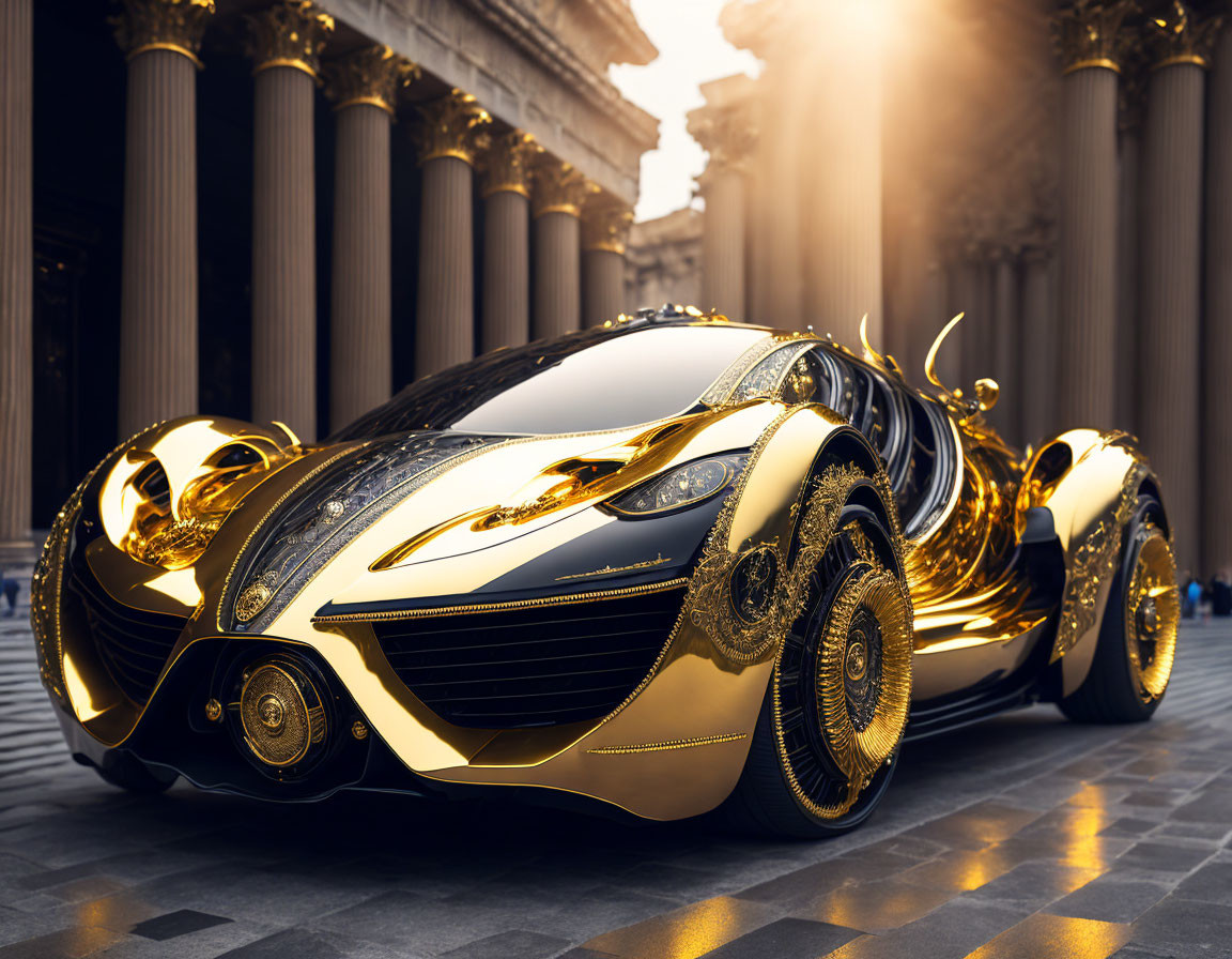 Luxurious golden and black car parked between classic columns in sunlight