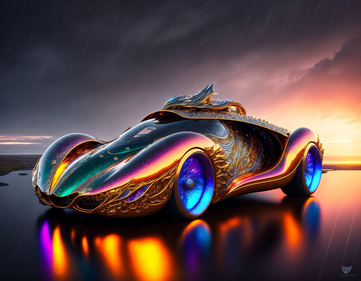 Iridescent Futuristic Car with Gold Detailing Under Starry Sky