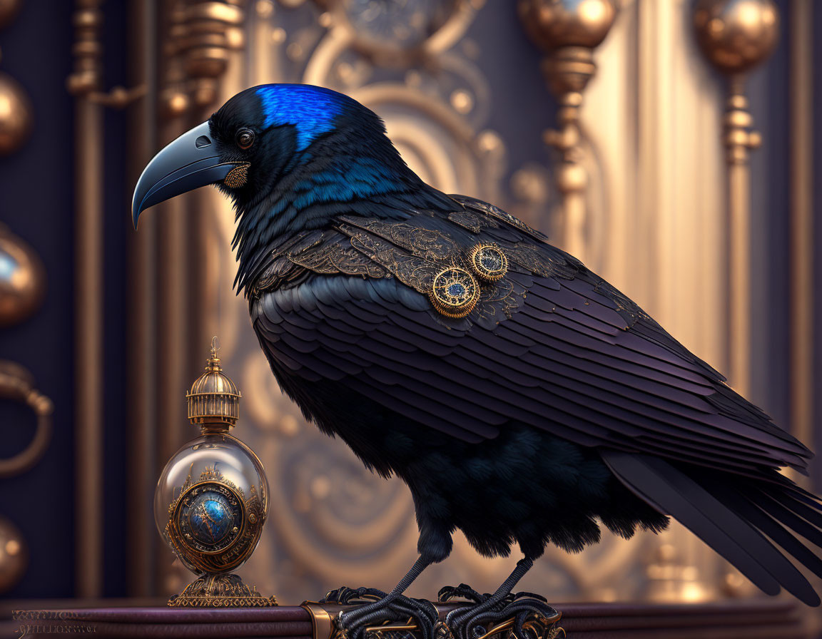 Majestic raven with gold trinkets in opulent setting