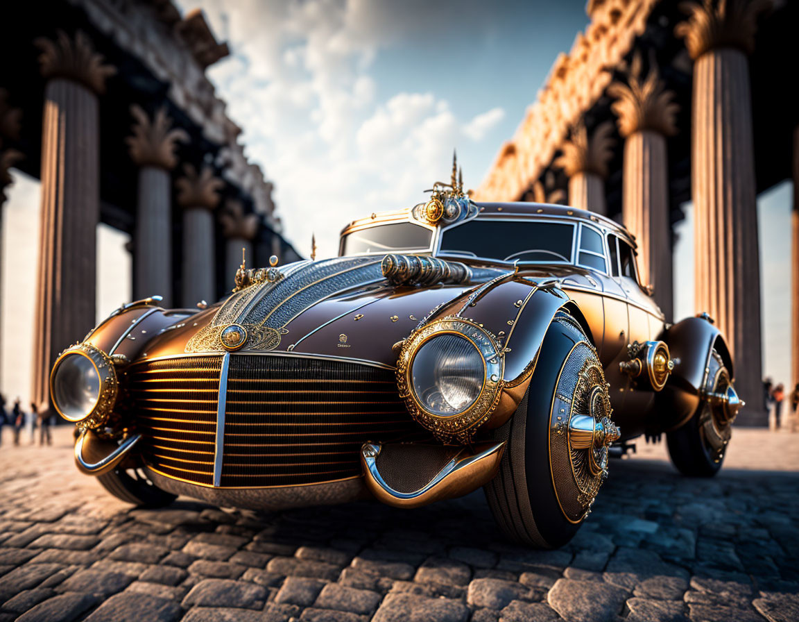 Vintage Car with Golden Embellishments Parked by Historic Building