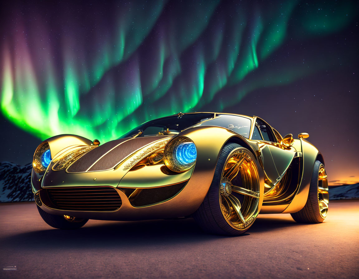 Luxurious Gold and Black Sports Car Under Vibrant Aurora Borealis