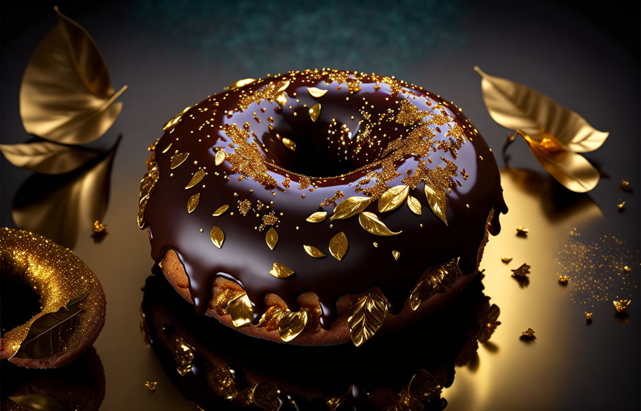 Luxurious Chocolate Glazed Donut with Gold Flakes and Leaves on Reflective Surface