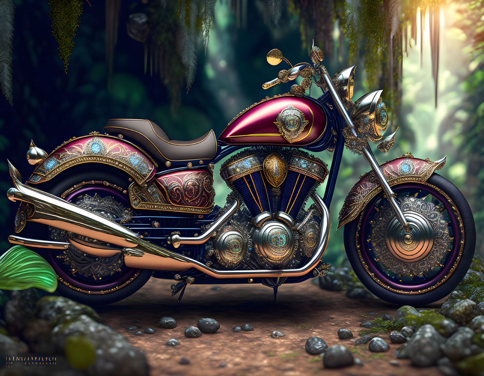 Detailed Ornate Motorcycle Parked in Forest with Sunbeams