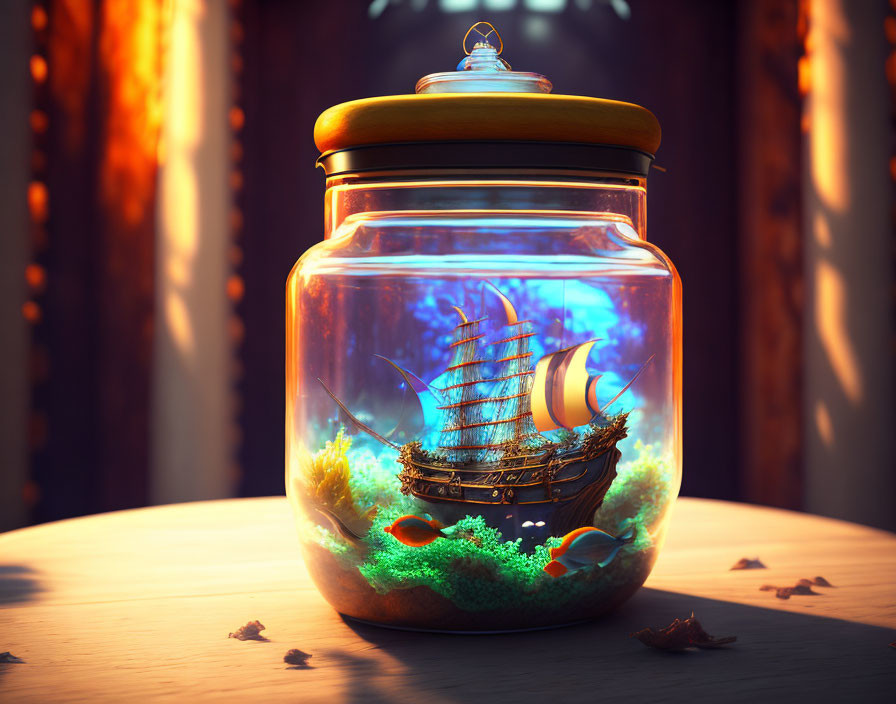 Miniature ship in illuminated jar on wooden surface