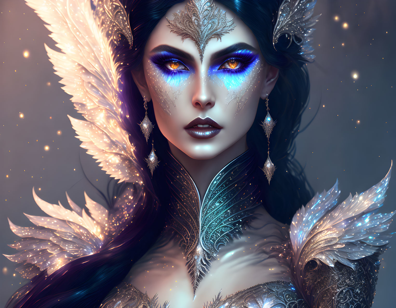 Mythical woman with feathered wings and blue eyes in digital art portrait