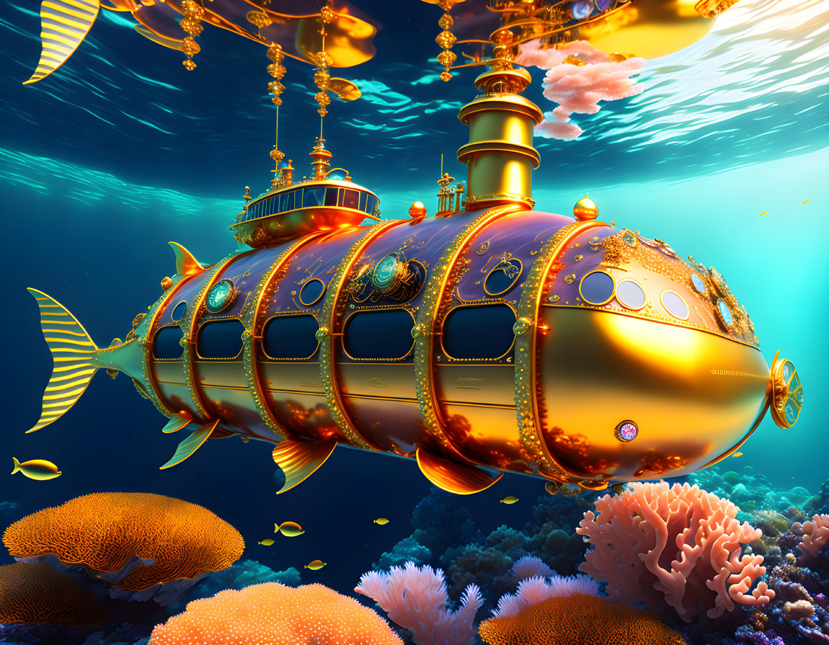 Golden fish-shaped submarine explores vibrant coral reef