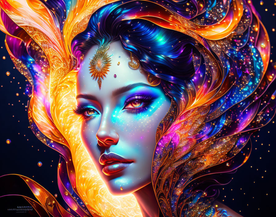 Digital Art: Woman with Cosmic Makeup and Hair in Bright Colors