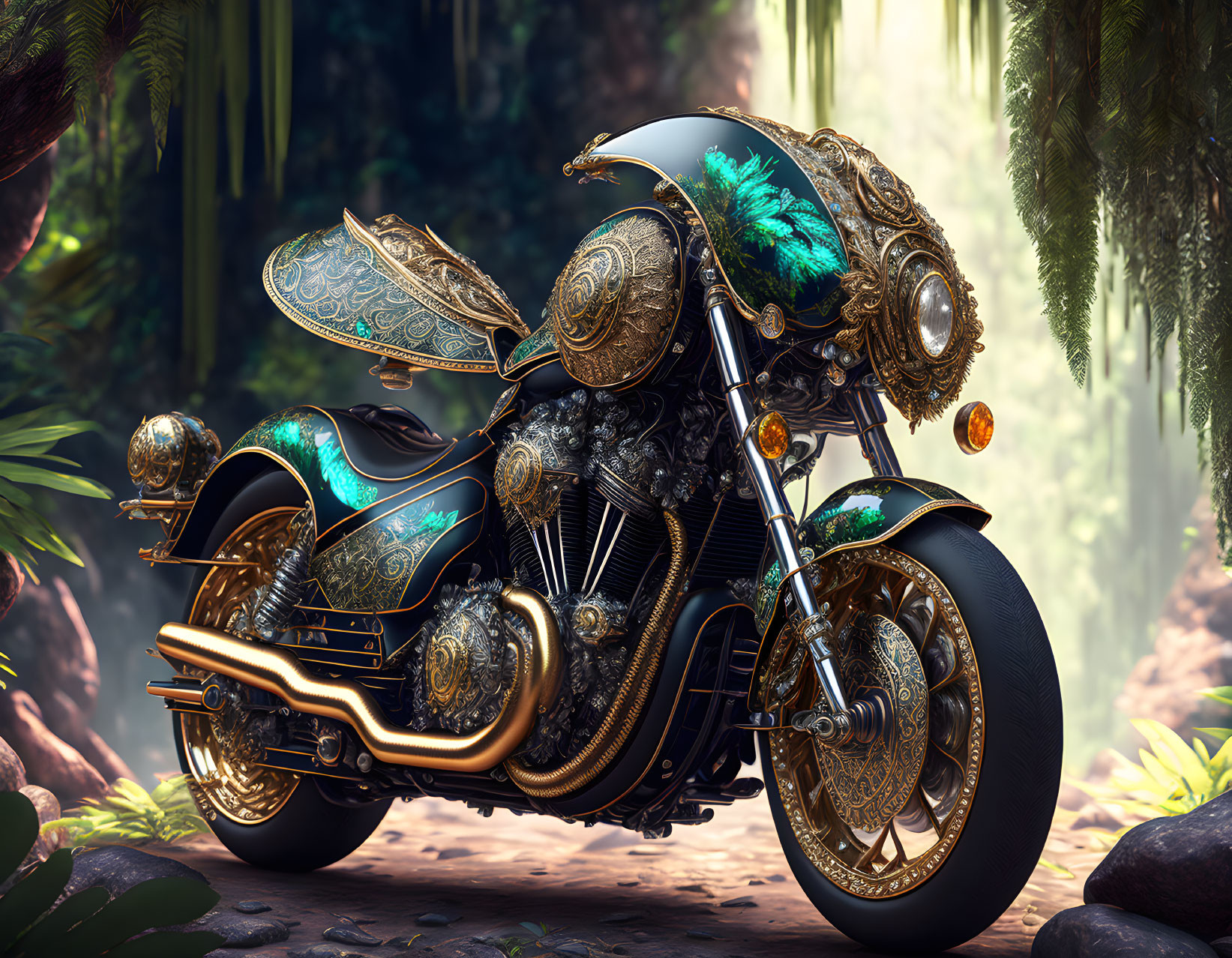 Ornate motorcycle with golden details in forest setting