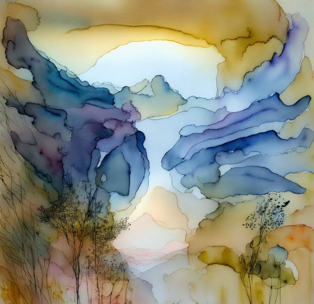 Warm-to-cool Watercolor Landscape with Ink Plants