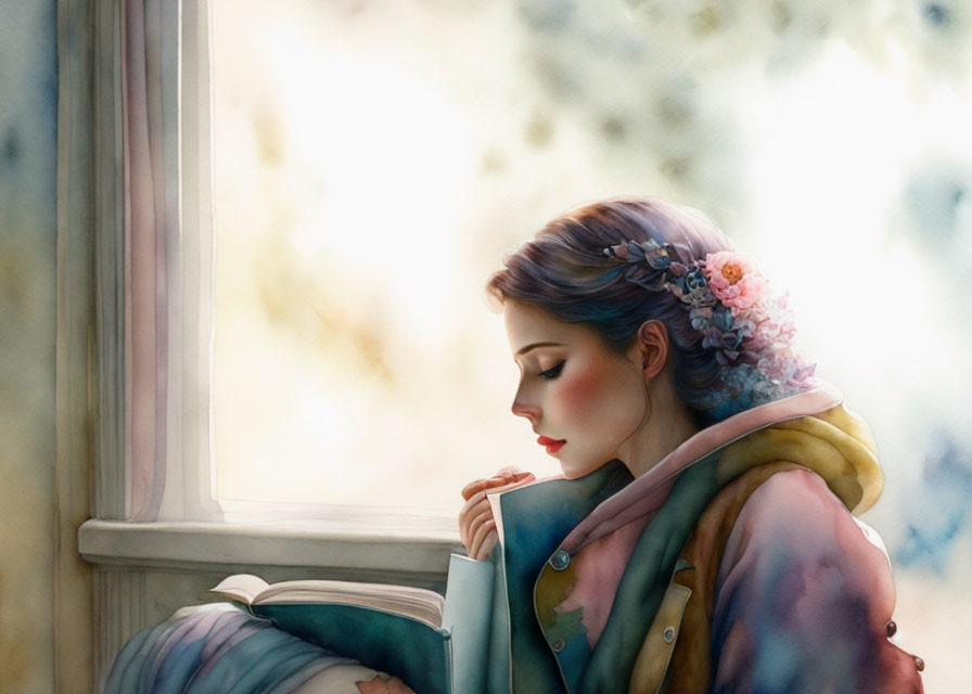 Woman with flowers in hair reading by window in serene illustration