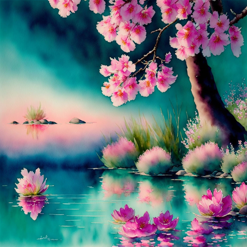 Pink Cherry Blossoms Painting Over Tranquil Pond