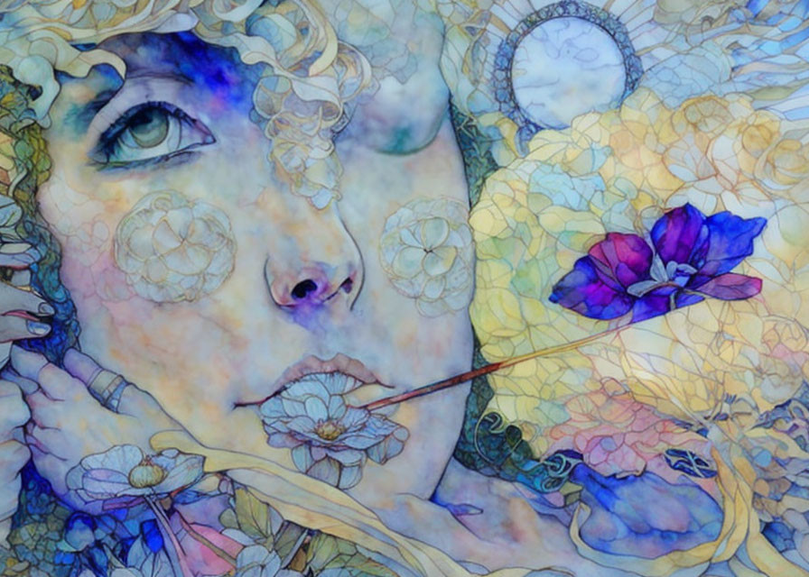 Colorful Floral Face Illustration with Blue Eyes and Flower Hair