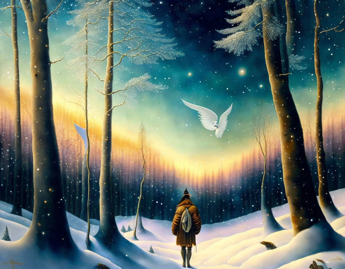 Person in coat gazes at owl in snowy forest twilight with magical bluebirds & glowing trees