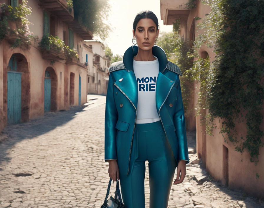 Stylish woman in teal leather jacket and matching outfit in cobblestone alley