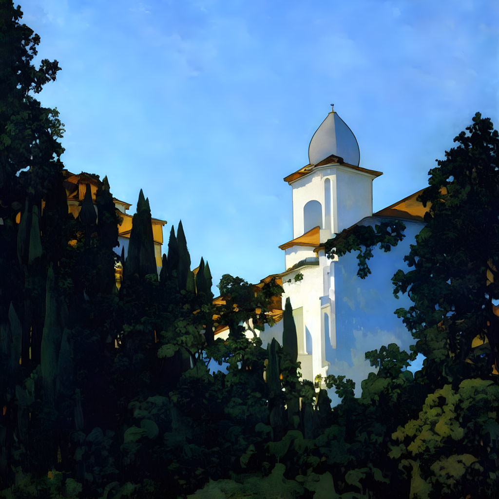 White Church with Bell Tower Surrounded by Green Trees and Blue Sky