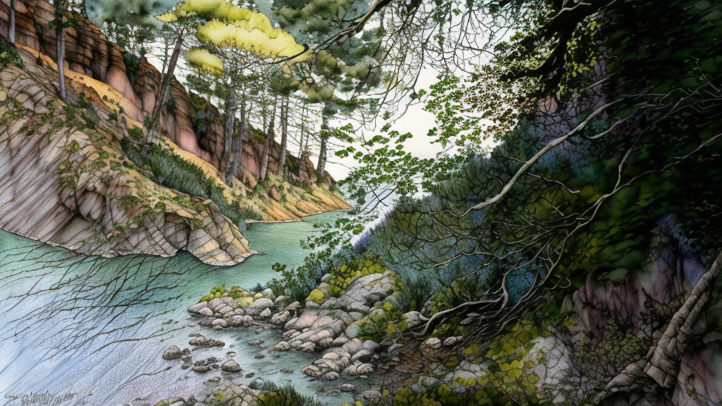 Tranquil riverscape with lush trees and rocky embankments