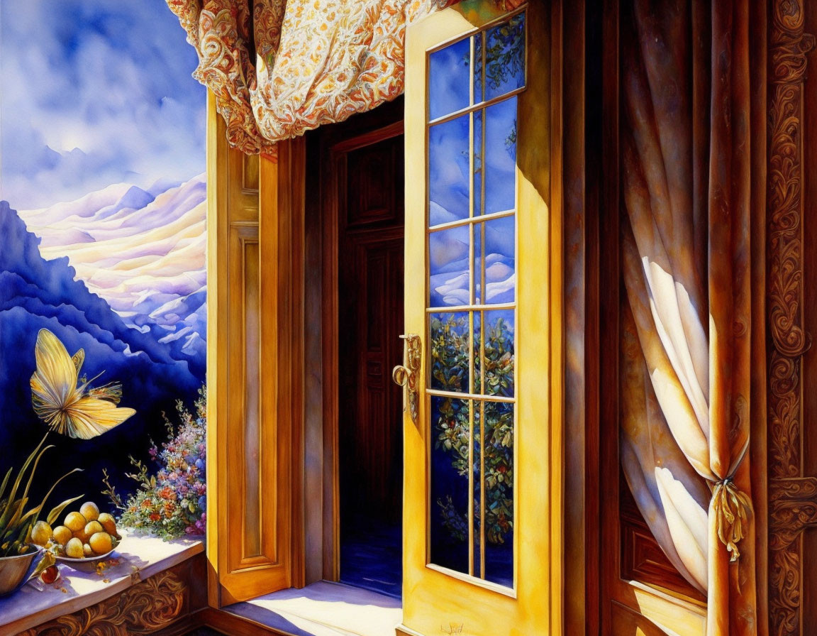 Sunlit Mountain View Through Open Window with Wooden Door and Flowers