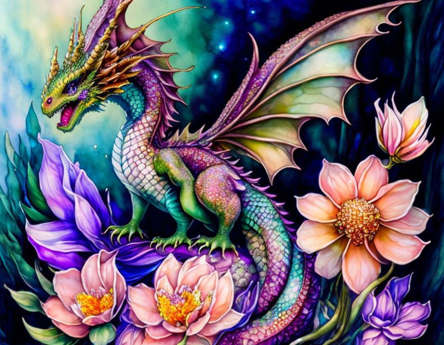 Colorful Dragon Among Lotus Flowers in Mystical Setting