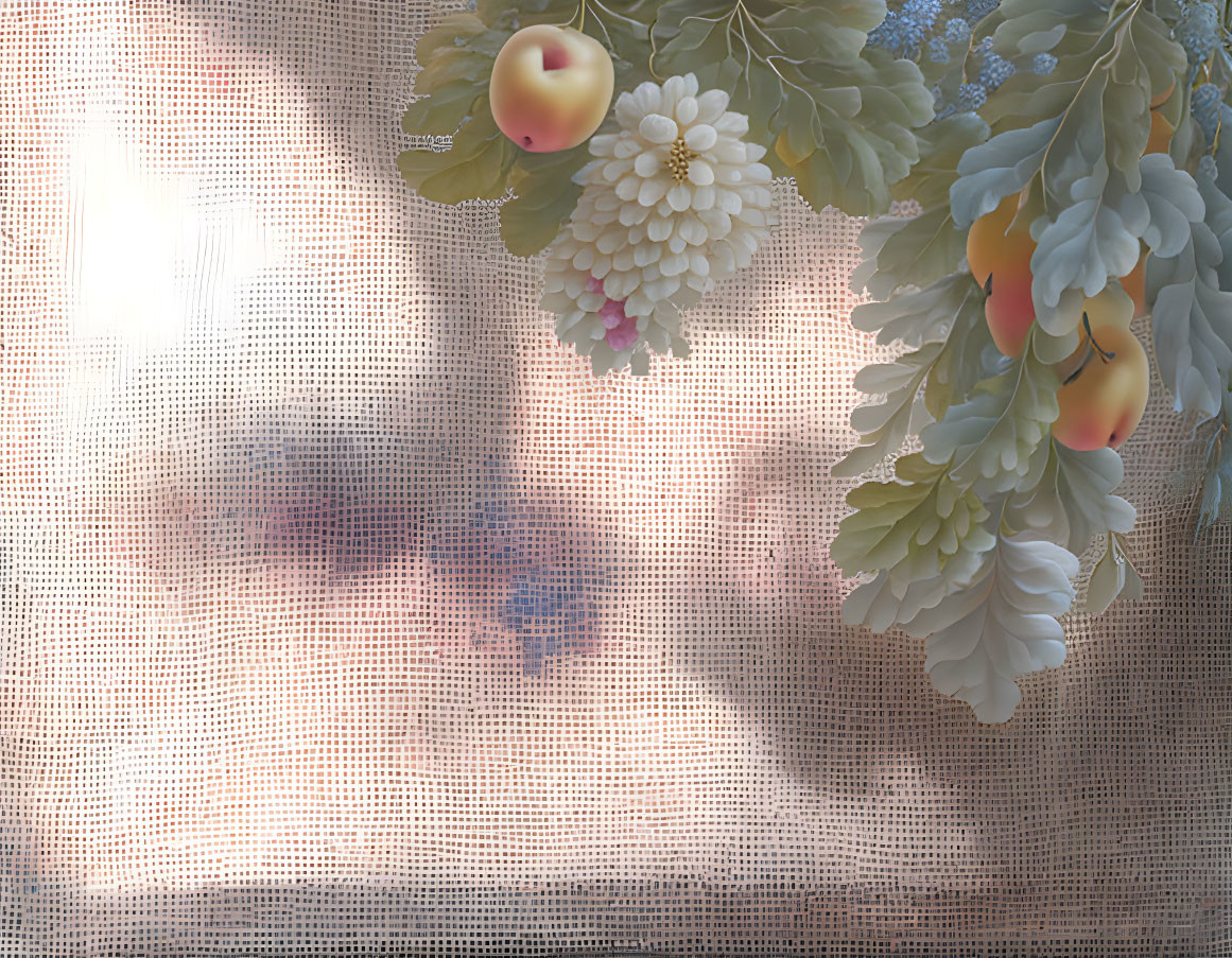 Translucent floral pattern curtain with obscured scene and sharp fruit and flower images