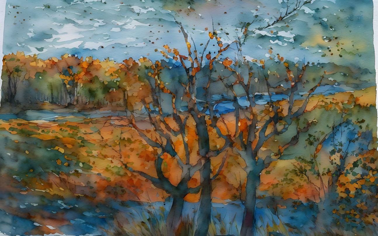 Tranquil autumn landscape with orange trees, blue river, cloudy skies