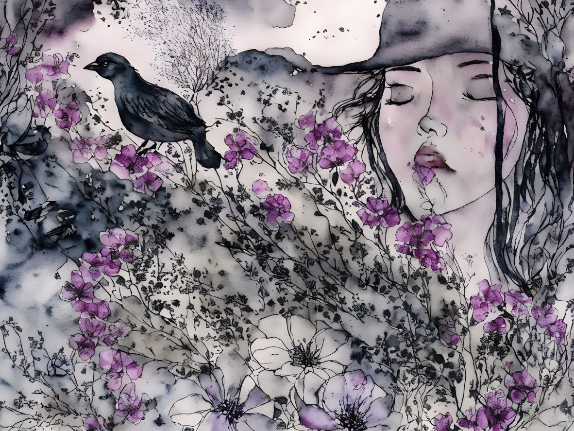 Contemplative person surrounded by purple flowers and a raven in watercolor illustration