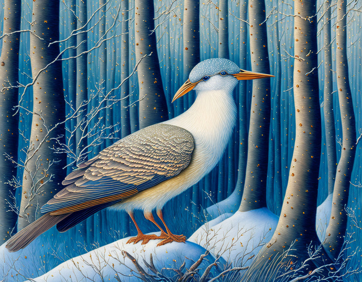 Detailed illustration of a bird in snowy forest with blue trees