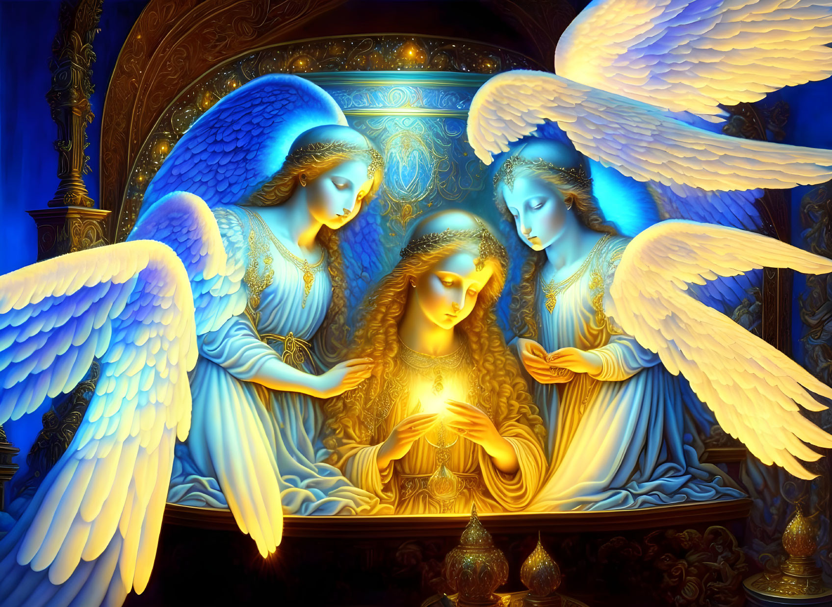 Three White-Winged Angels in Blue Robes with Glowing Light