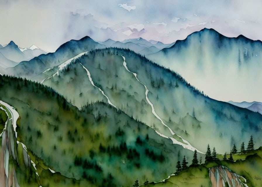 Misty mountain watercolor painting with green forests and winding paths.